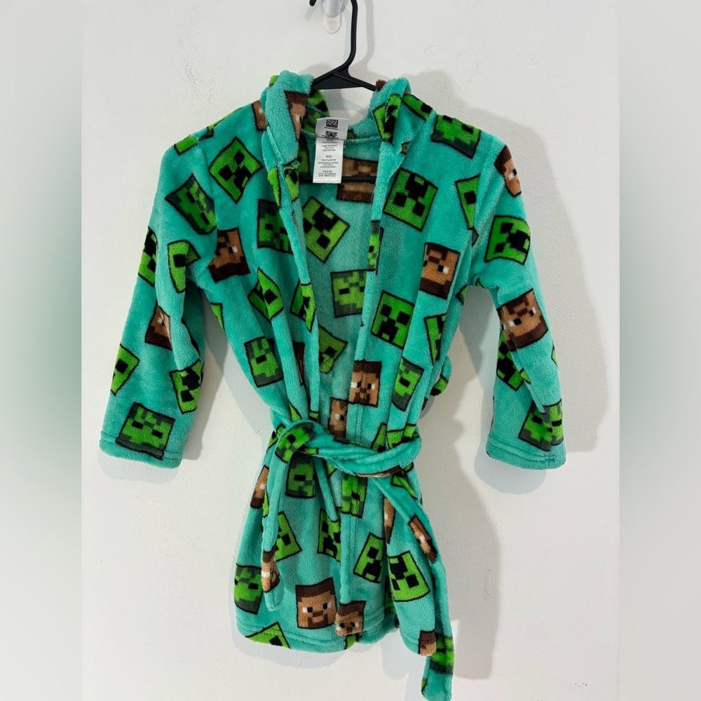 Minecraft Boys Small 6 Soft Fleece Tie Short Robe Hooded Sleepwear Green Blue
